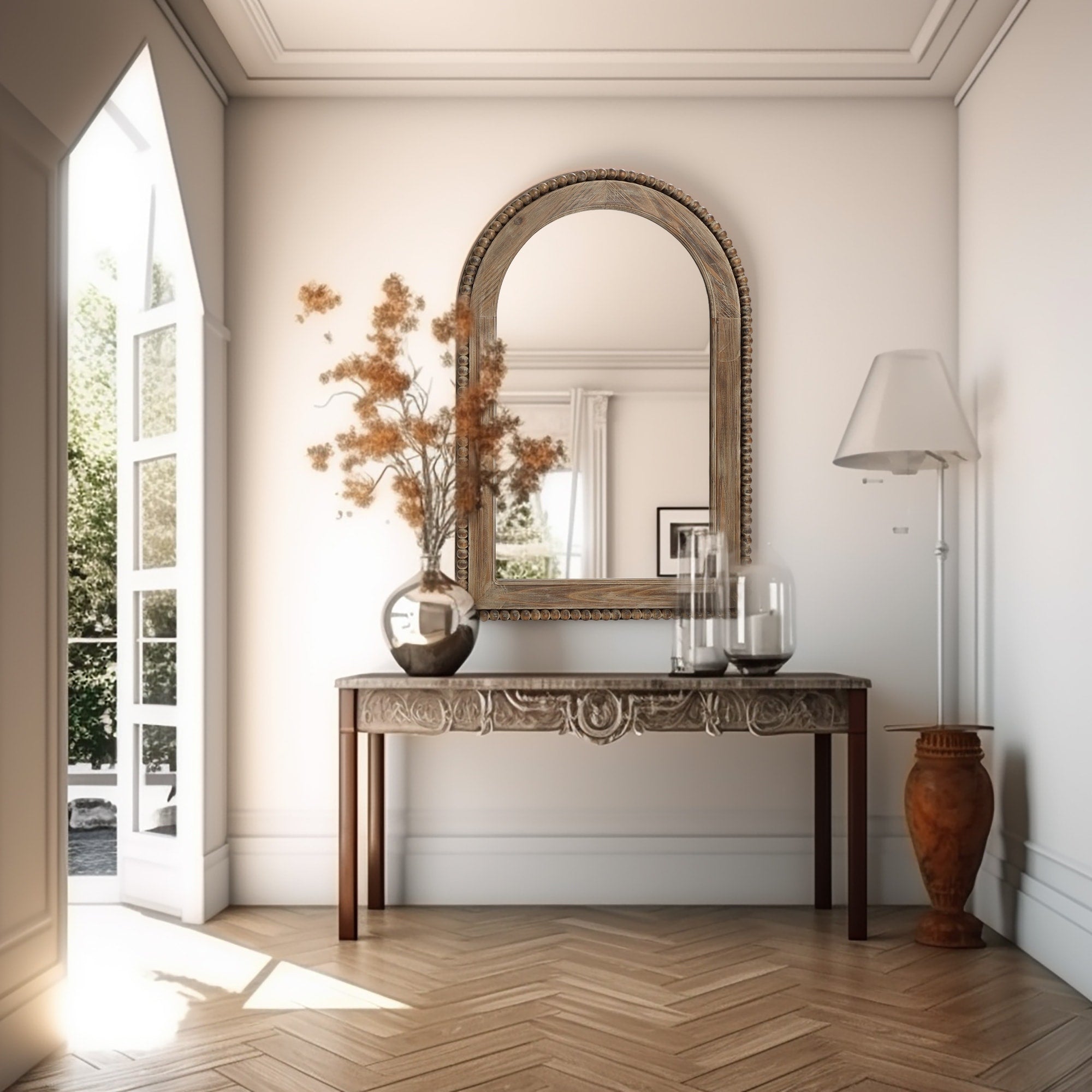 Miroir mural en arc avec cadre en bois, miroir mural de salle de bain - 39,25 H x 25,87 L x 1,5 P