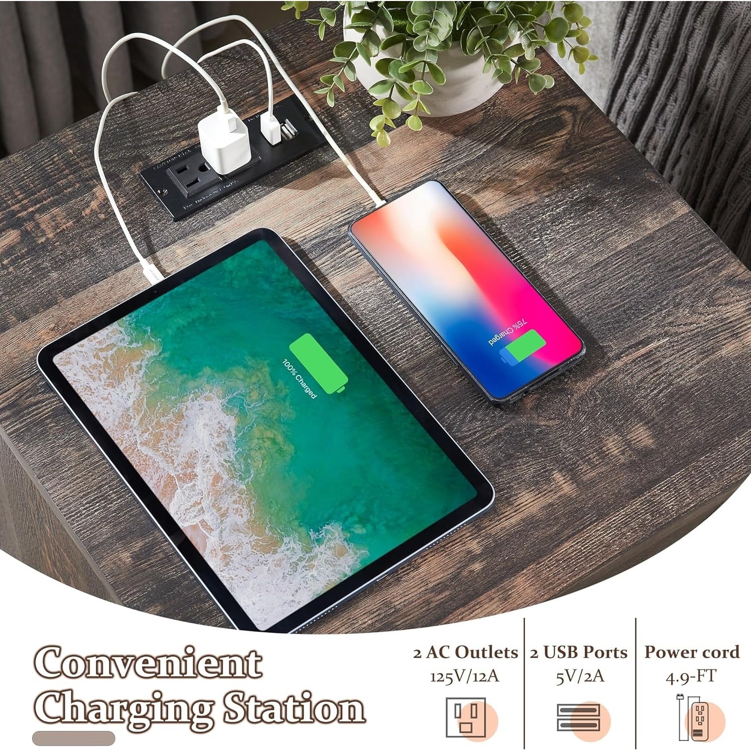 Table de chevet de style ferme avec station de charge, table d'appoint et table d'appoint