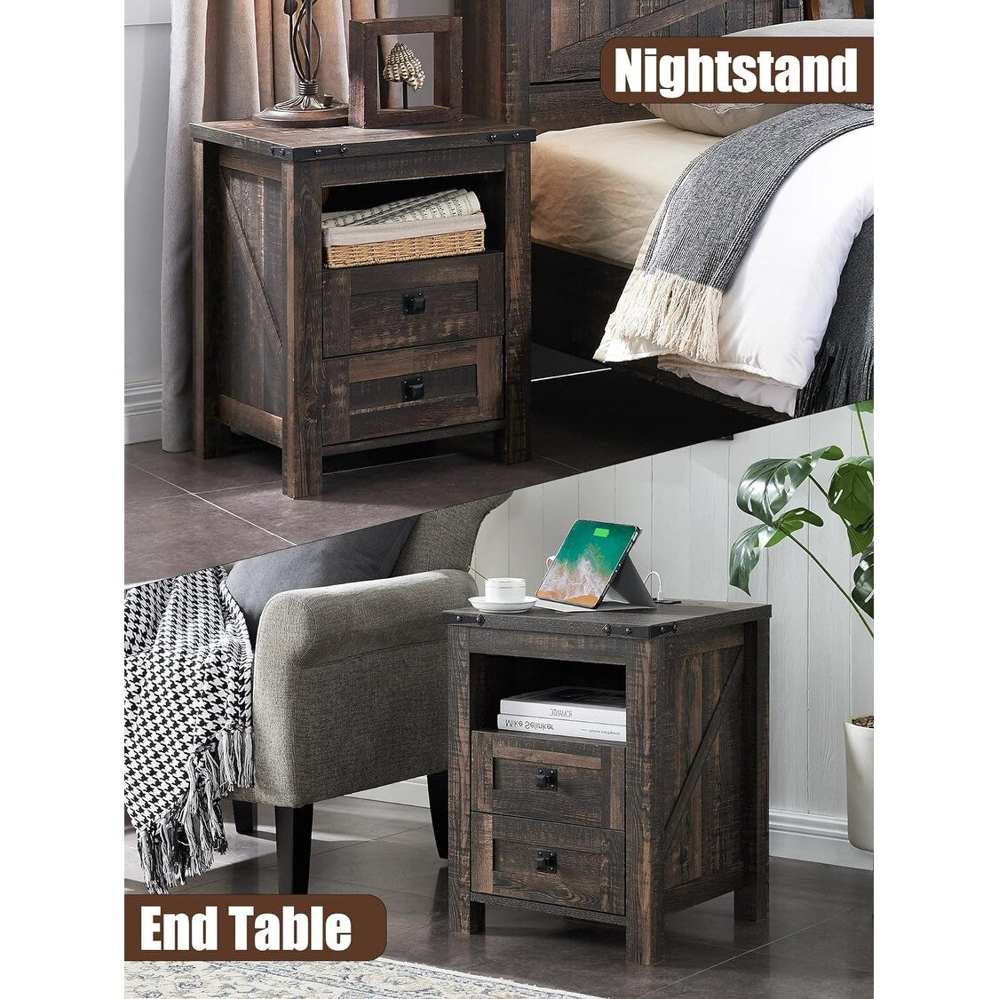 Table de chevet de style ferme avec station de charge, table d'appoint et table d'appoint