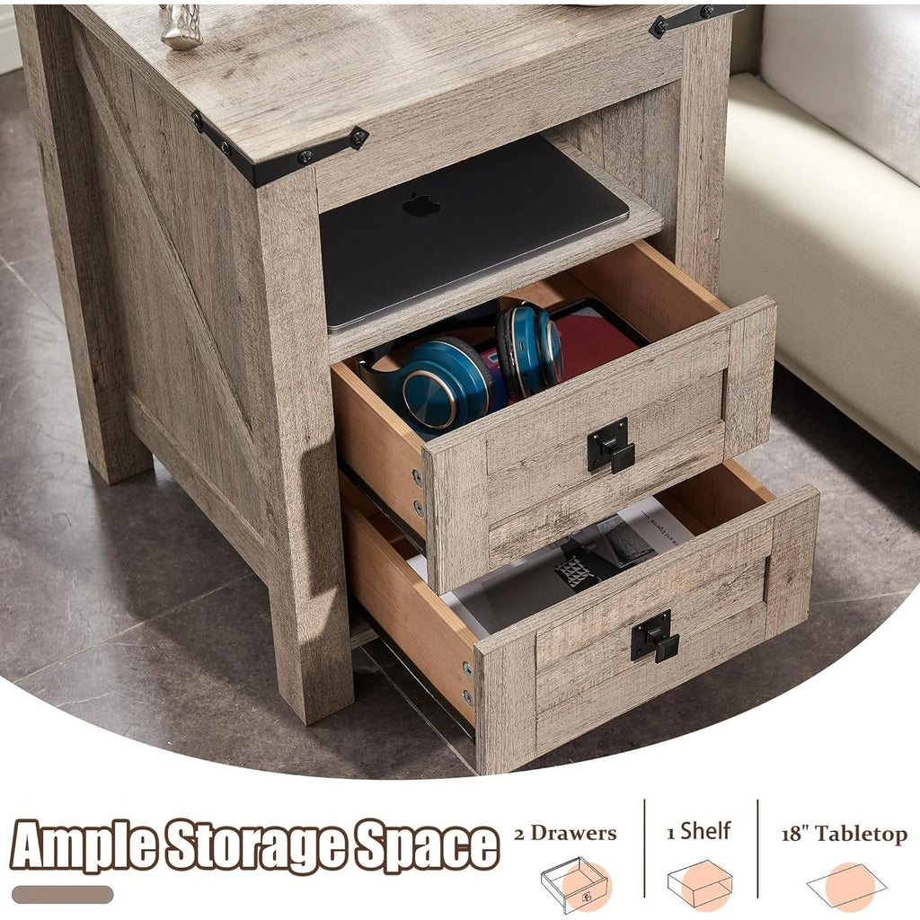 Table de chevet de style ferme avec station de charge, table d'appoint et table d'appoint