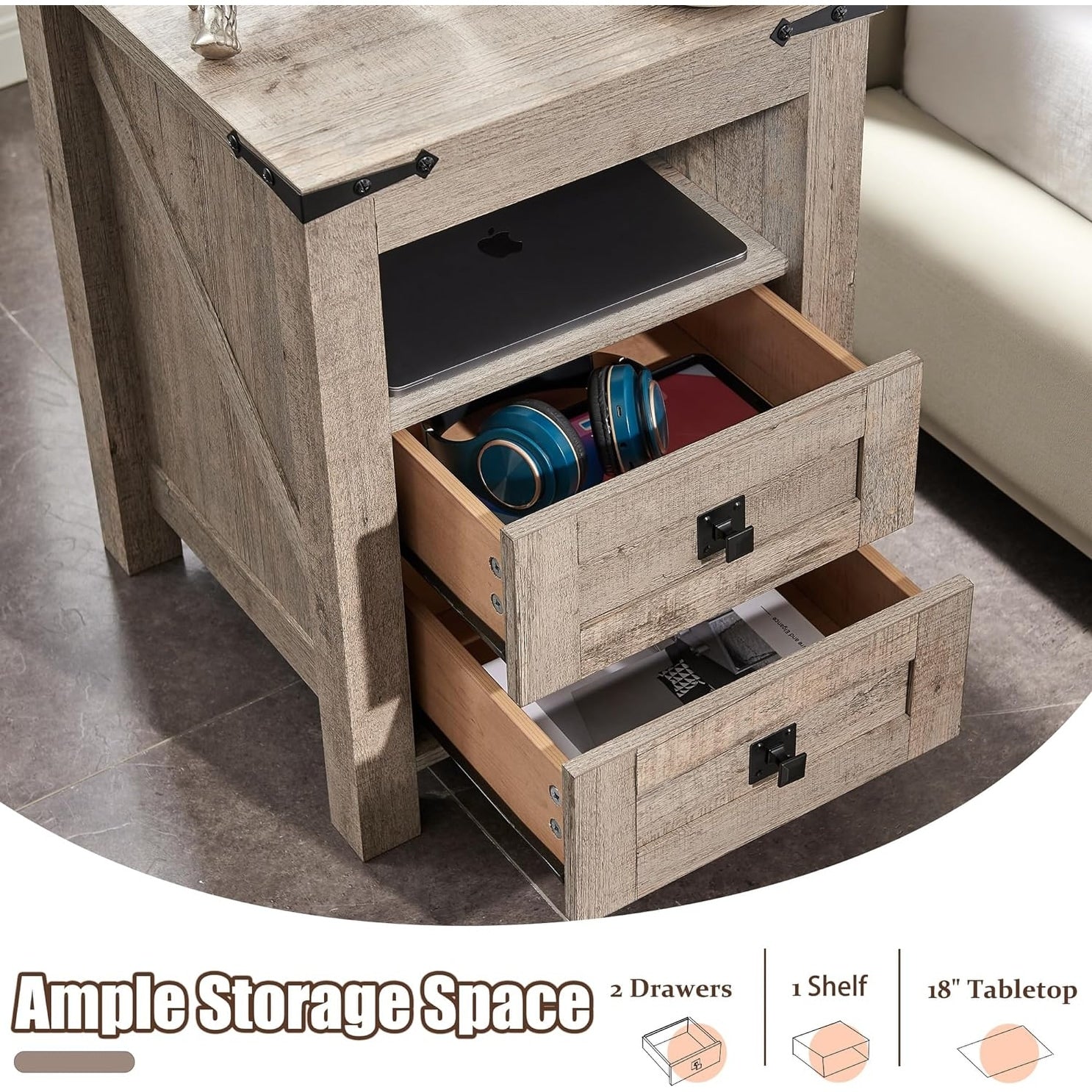 Table de chevet de style ferme avec station de charge, table d'appoint et table d'appoint