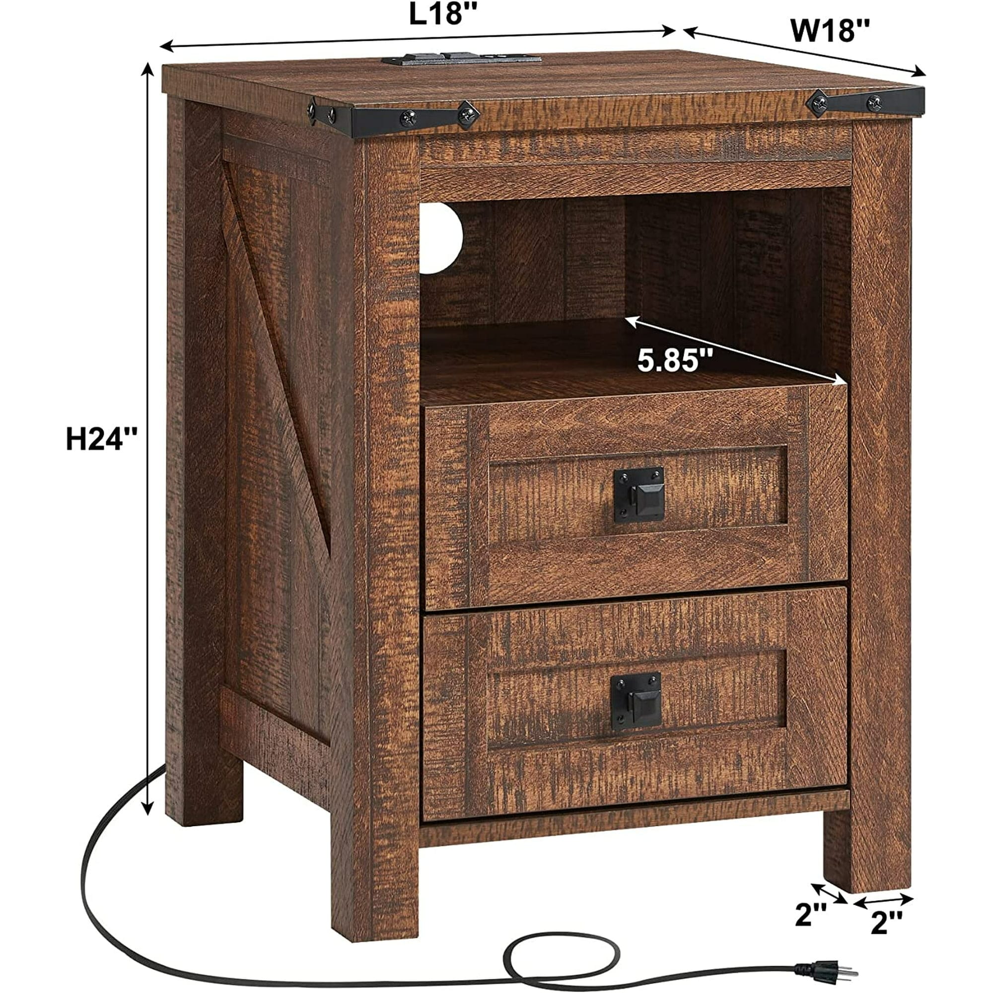 Table de chevet de style ferme avec station de charge, table d'appoint et table d'appoint