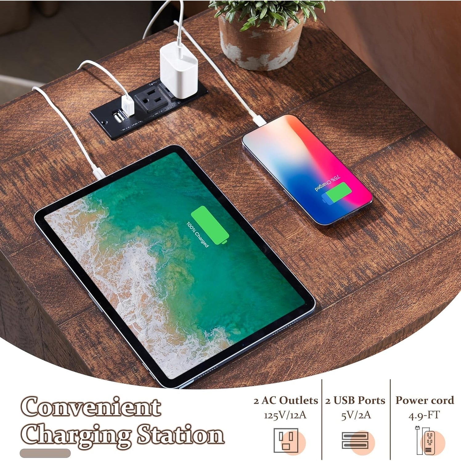 Table de chevet de style ferme avec station de charge, table d'appoint et table d'appoint