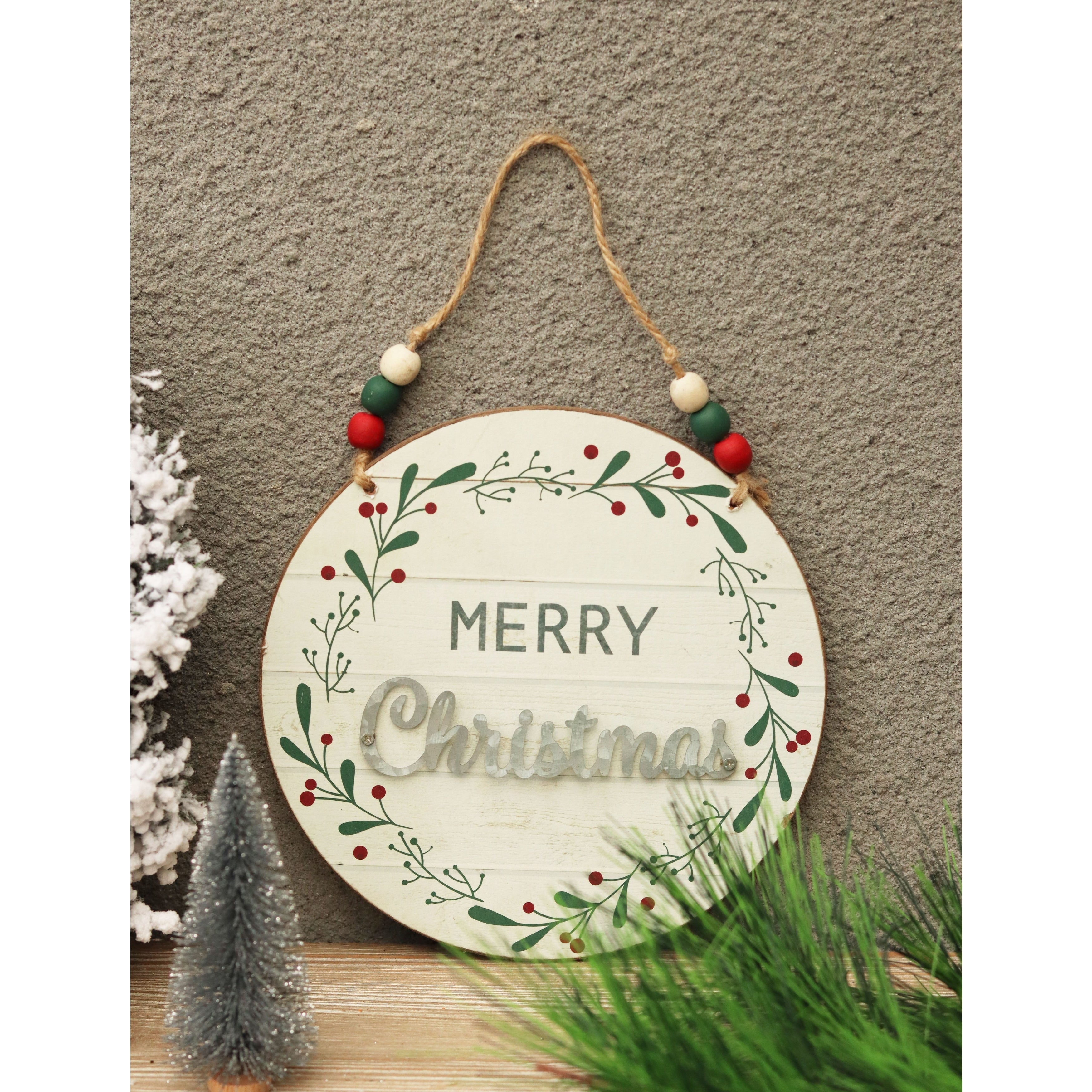 Panneau mural rond en bois et métal, Joyeux Noël