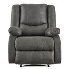 Fauteuil inclinable en bois avec accoudoirs coussinés et dossier capitonné, gris
