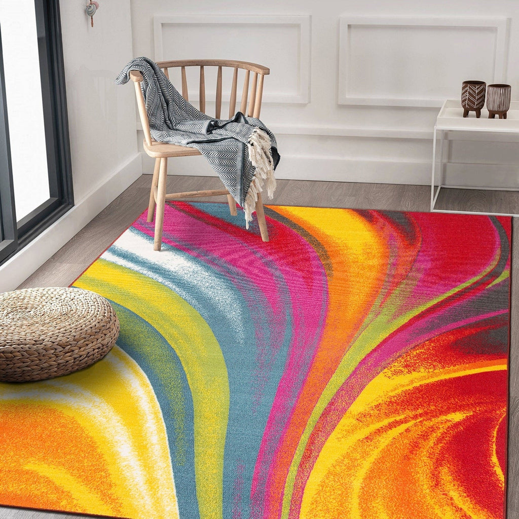 Tapis antidérapant multicolore à vagues contemporaines et modernes de la World Rug Gallery
