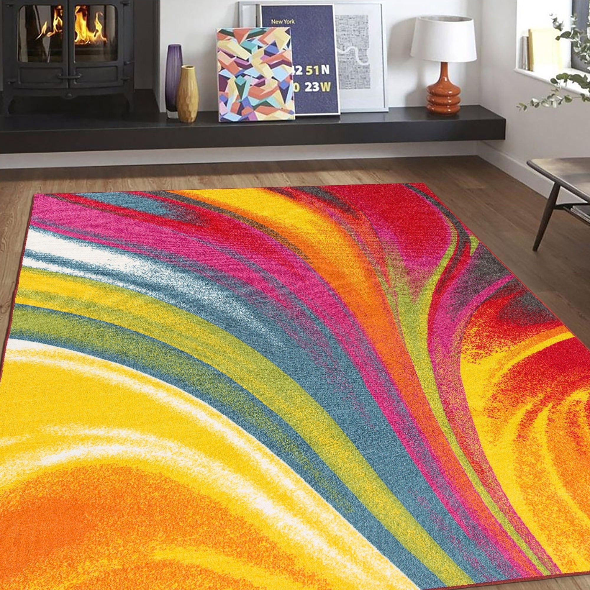 Tapis antidérapant multicolore à vagues contemporaines et modernes de la World Rug Gallery