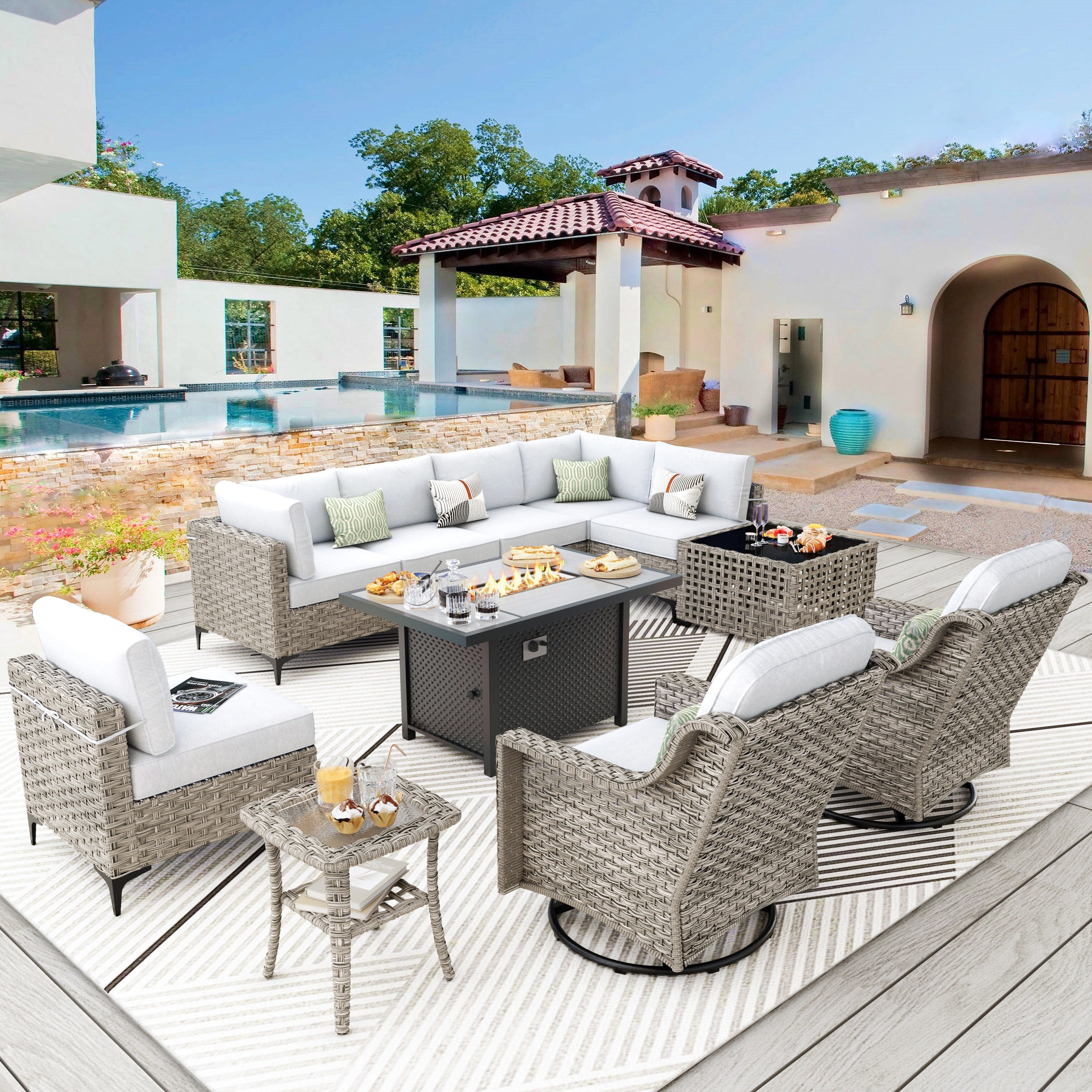 Ensemble de meubles de patio en rotin XIZZI 11 pièces avec table et foyer