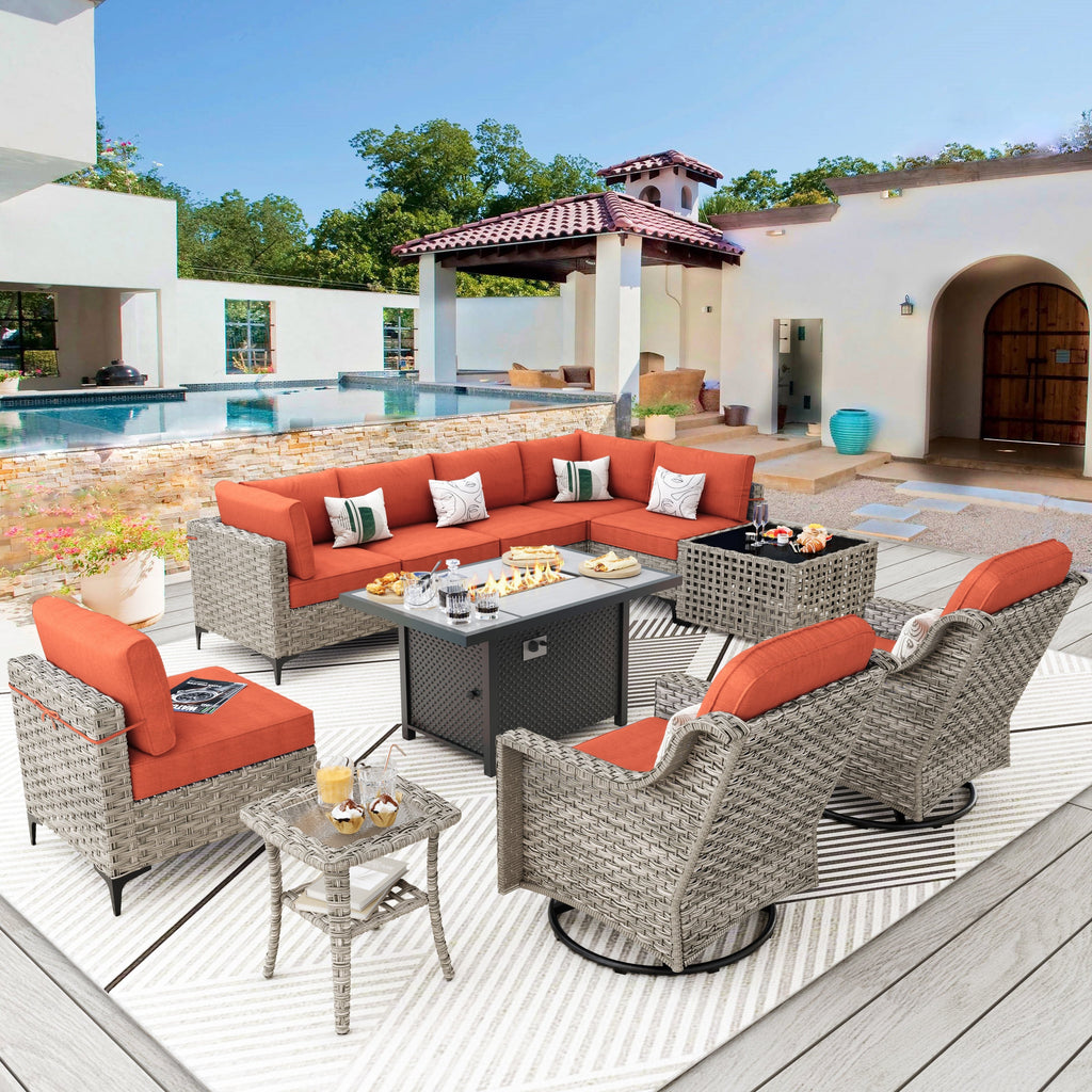 Ensemble de meubles de patio en rotin XIZZI 11 pièces avec table et foyer