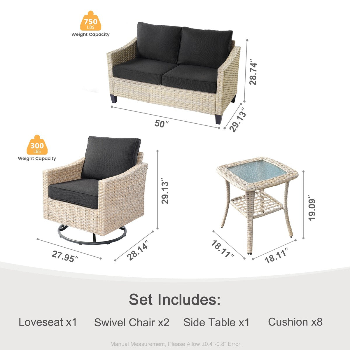 Ensemble de 4 causeuses en osier pour patio XIZZI avec chaise pivotante