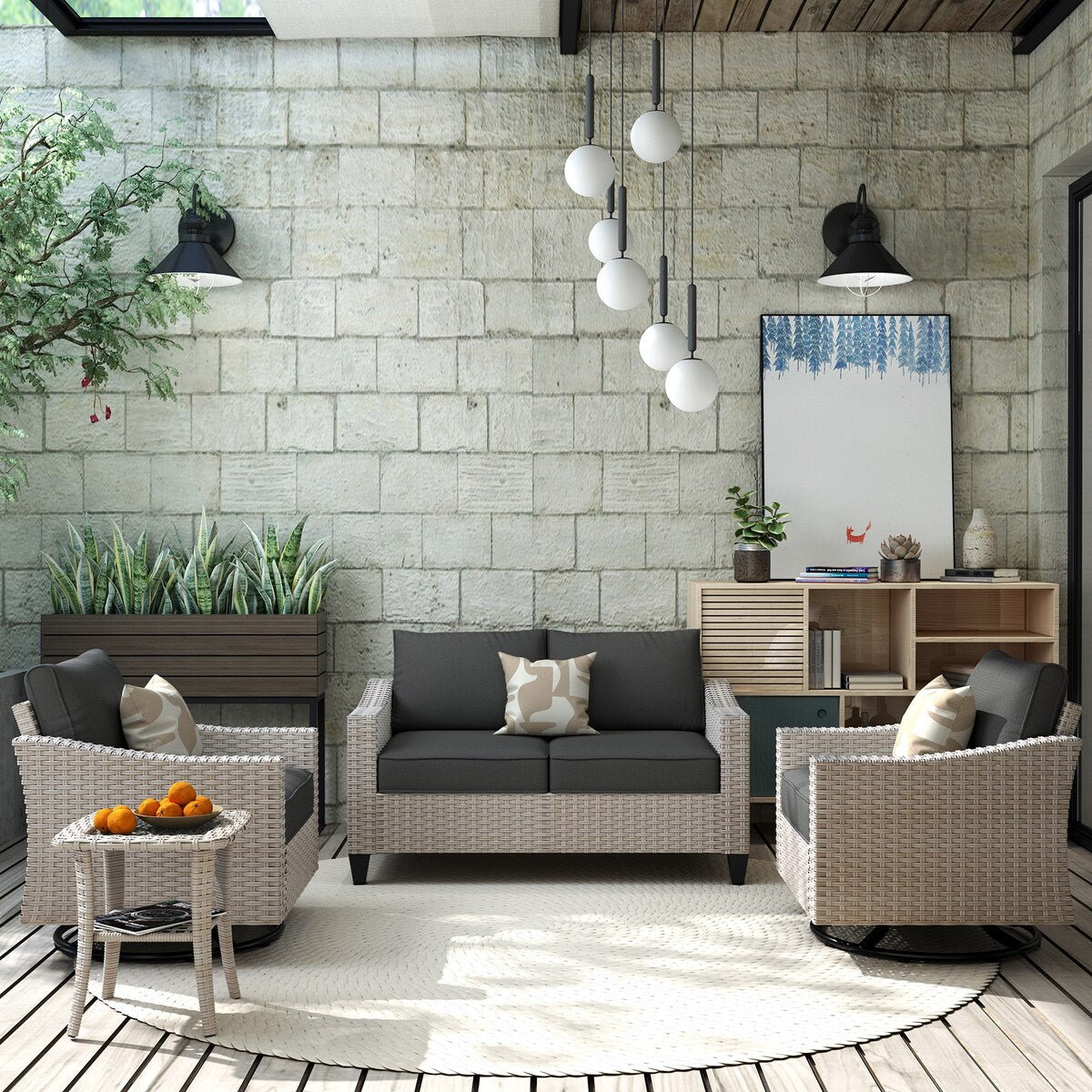 Ensemble de 4 causeuses en osier pour patio XIZZI avec chaise pivotante