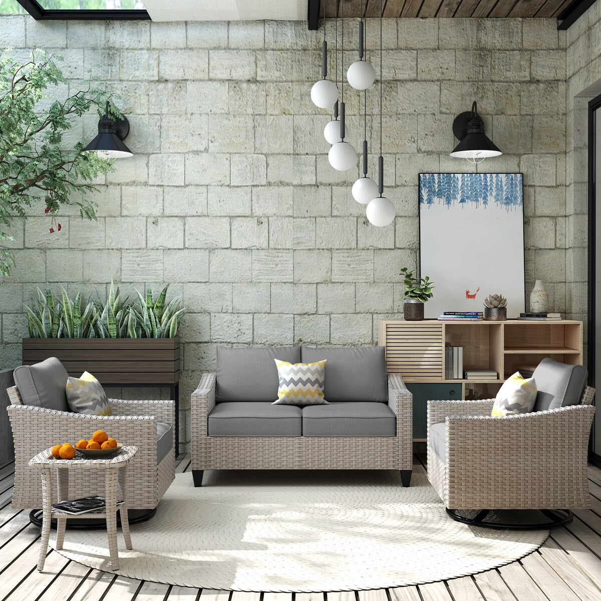 Ensemble de 4 causeuses en osier pour patio XIZZI avec chaise pivotante