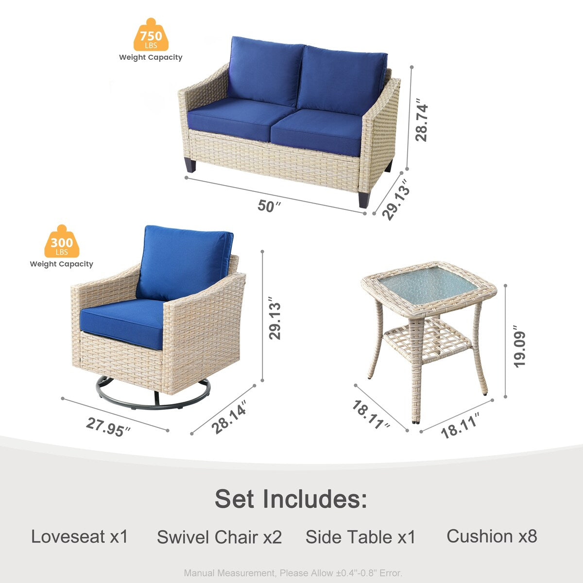 Ensemble de 4 causeuses en osier pour patio XIZZI avec chaise pivotante