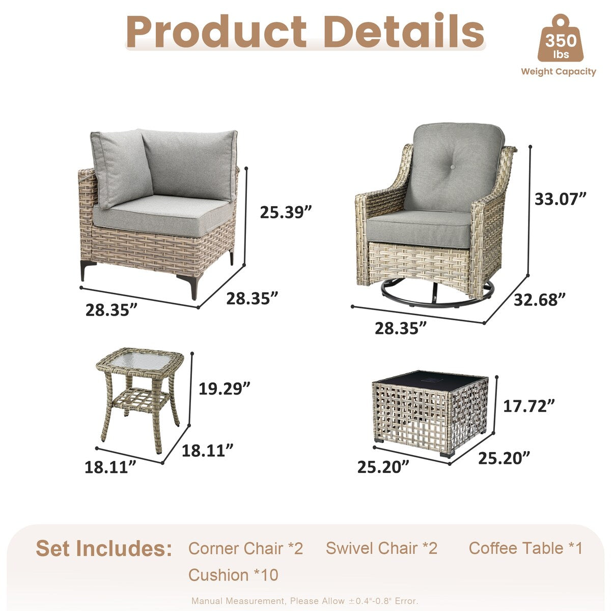 Ensemble de conversation XIZZI 6 pièces en osier avec chaise pivotante