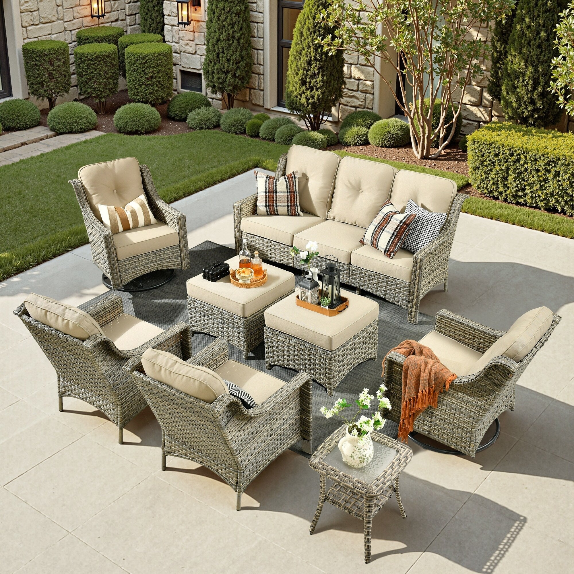 Ensemble de meubles de patio XIZZI 8 pièces en osier avec chaises pivotantes