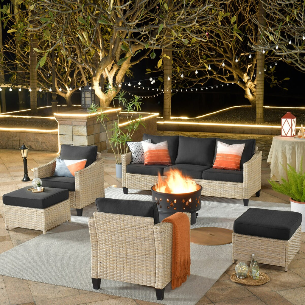 Meubles de patio en osier XIZZI 6 pièces avec foyer à bois