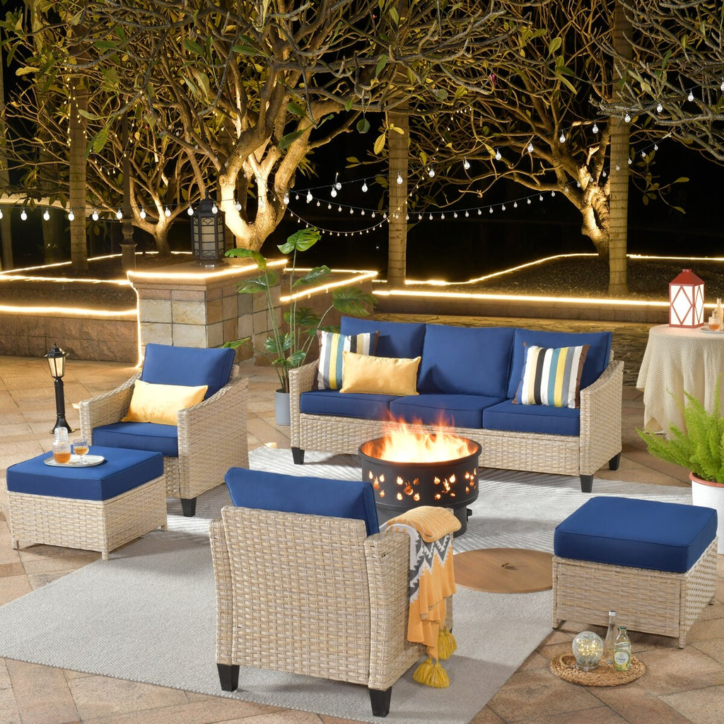 Meubles de patio en osier XIZZI 6 pièces avec foyer à bois