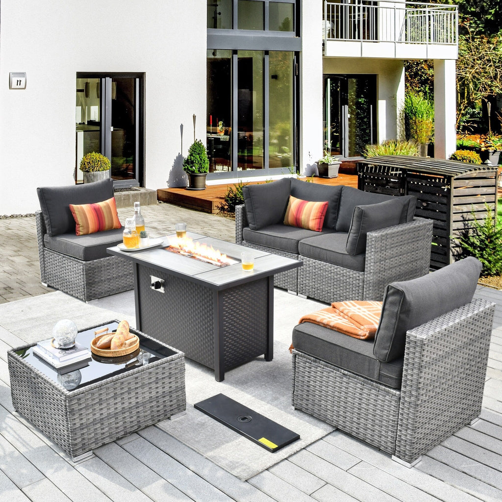 Ensemble de meubles de patio XIZZI 6 pièces, canapé d'extérieur en rotin avec foyer