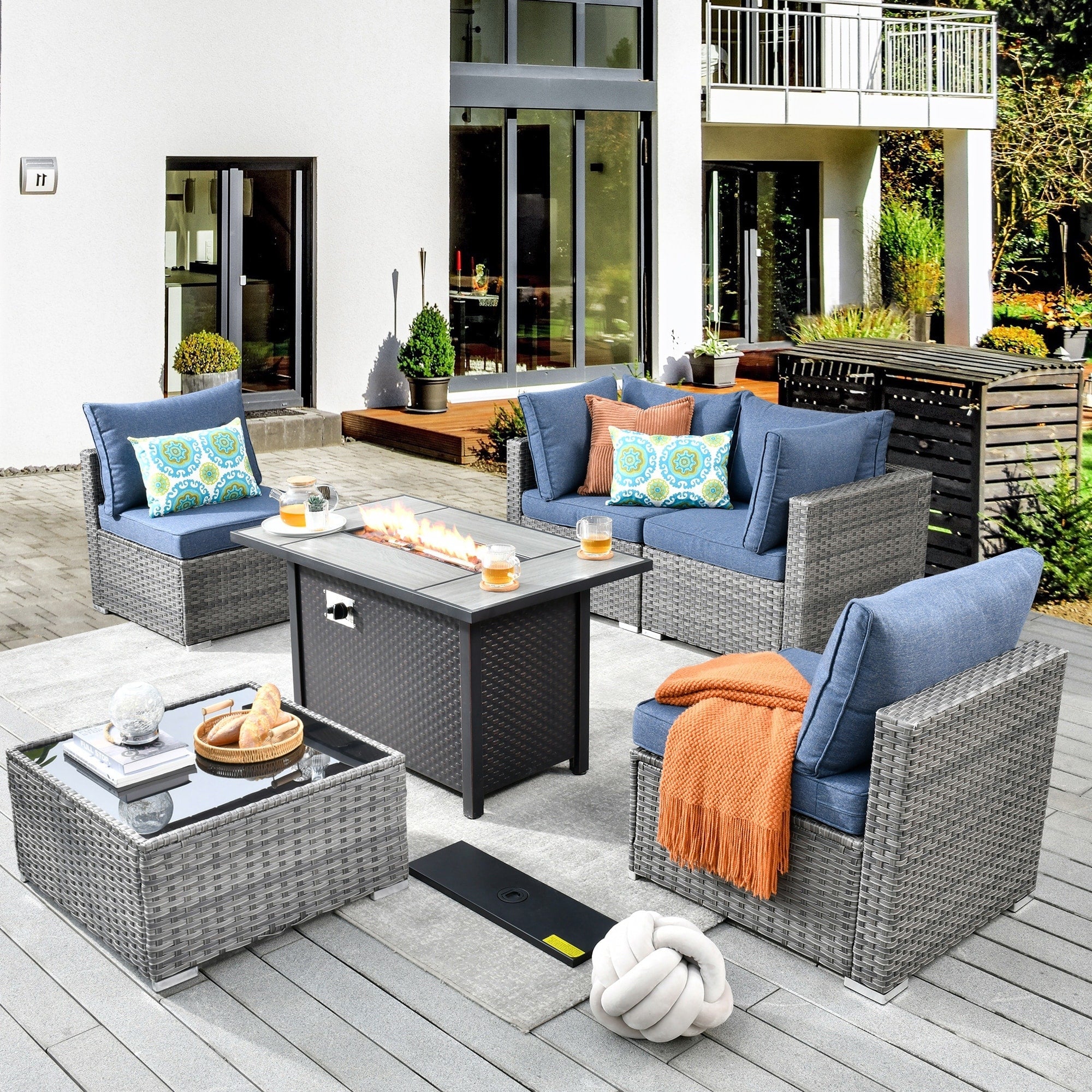 Ensemble de meubles de patio XIZZI 6 pièces, canapé d'extérieur en rotin avec foyer