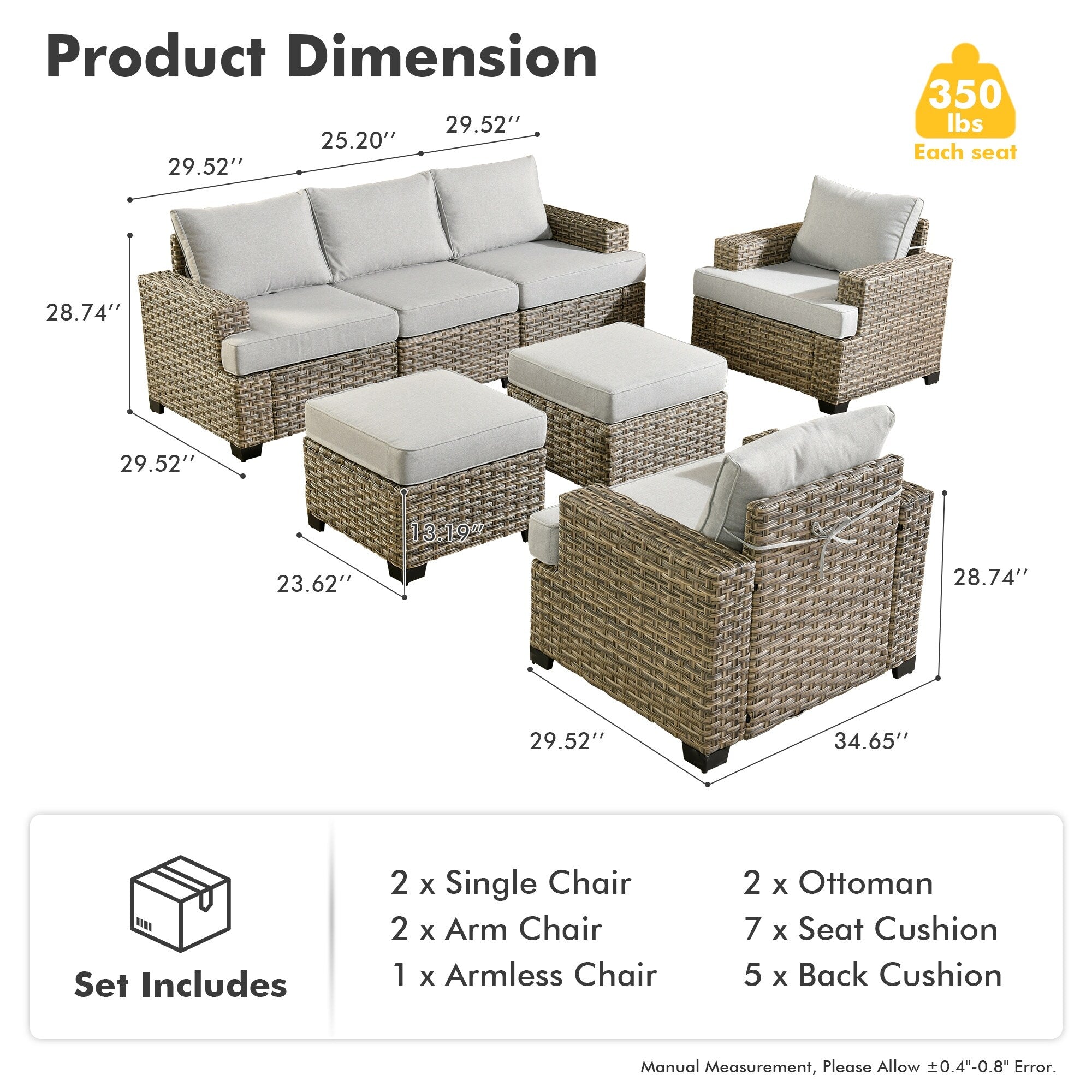 Ensemble de canapés de patio XIZZI 7 pièces avec accoudoirs larges et poufs
