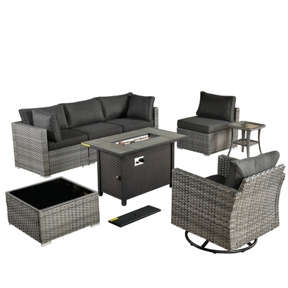 Ensemble de 8 chaises pivotantes en osier pour patio extérieur XIZZI avec table et foyer