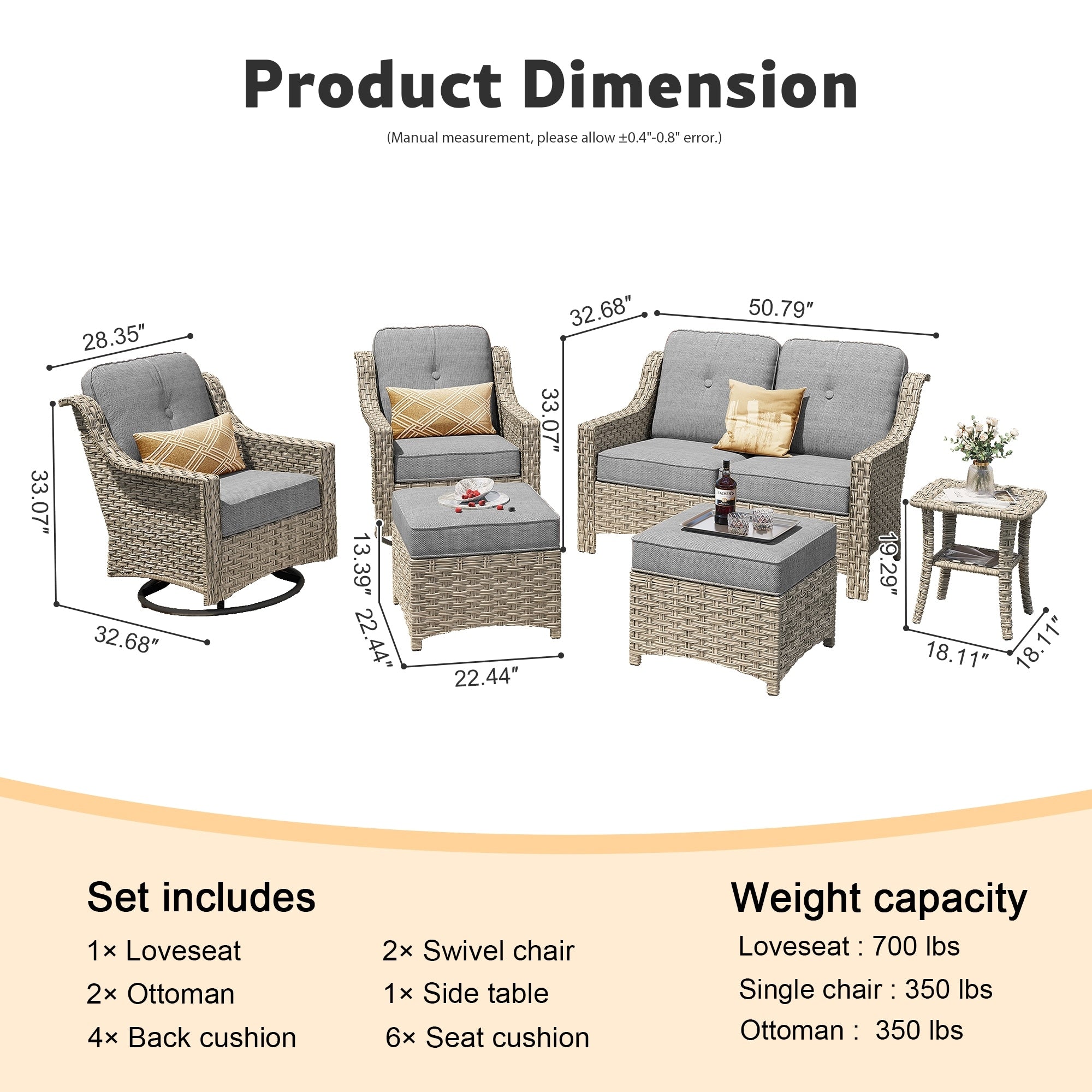 Ensemble de 6 meubles d'extérieur à dossier haut XIZZI avec chaise pivotante