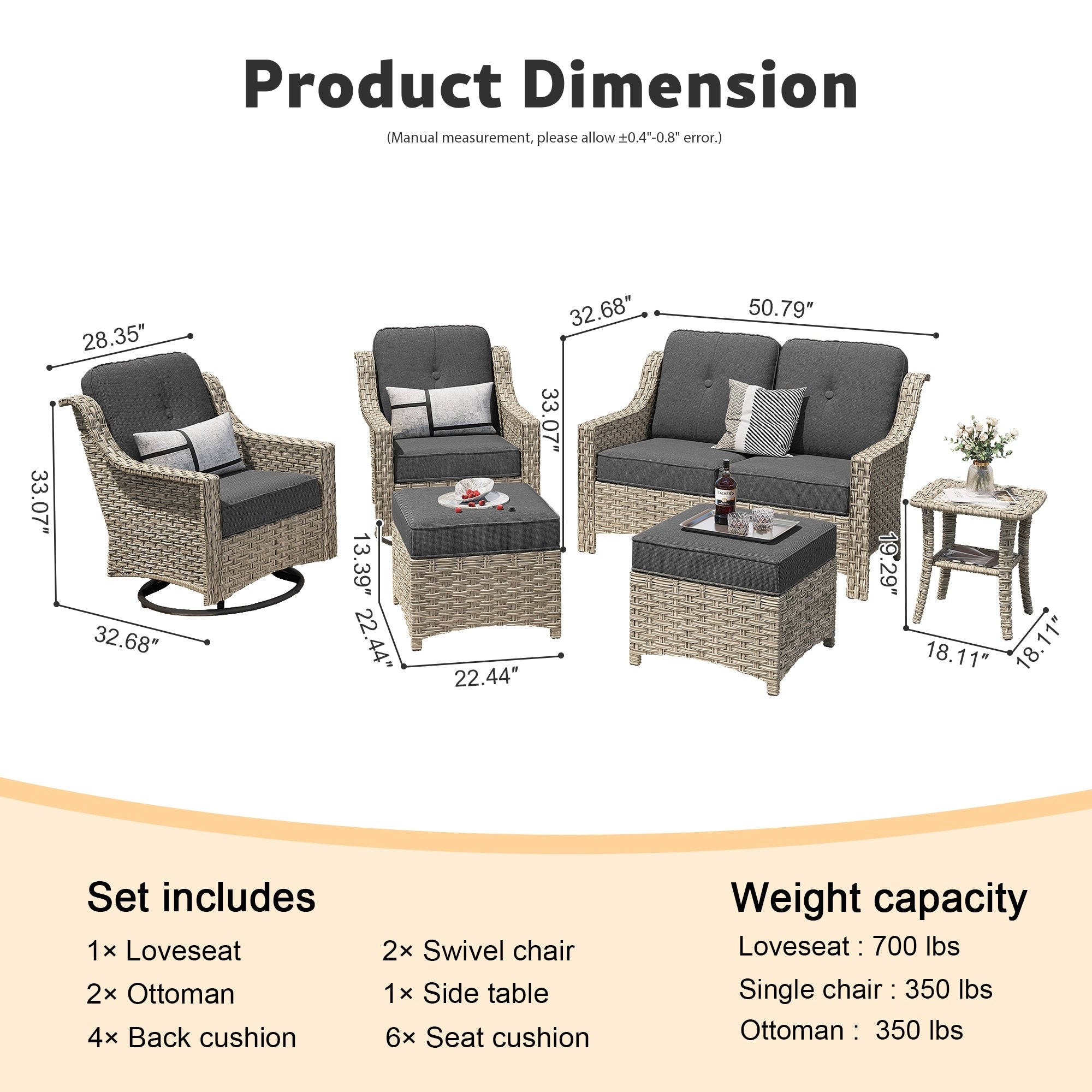 Ensemble de 6 meubles d'extérieur à dossier haut XIZZI avec chaise pivotante