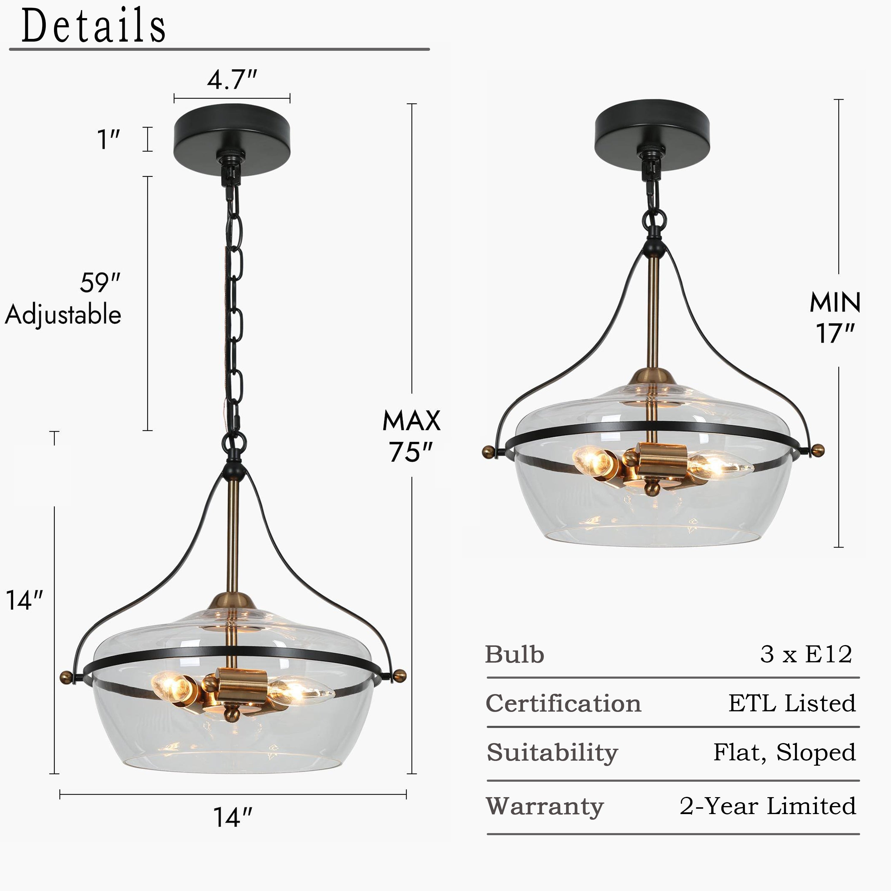Lustre Zelena moderne de style ferme noir et or, suspension en verre à 3 lumières pour îlot de cuisine et salle à manger