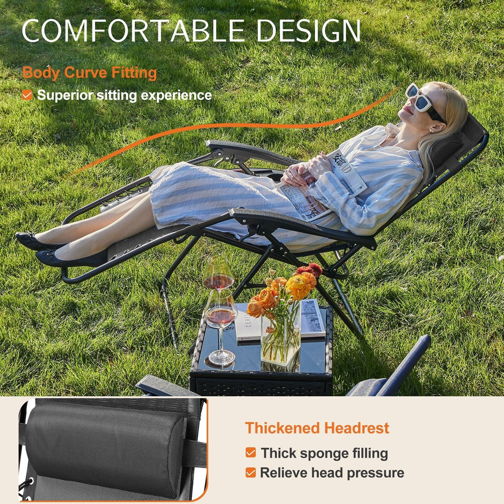 Chaise longue d'extérieur pliable à gravité zéro avec appui-tête, porte-gobelet et plateau amovible