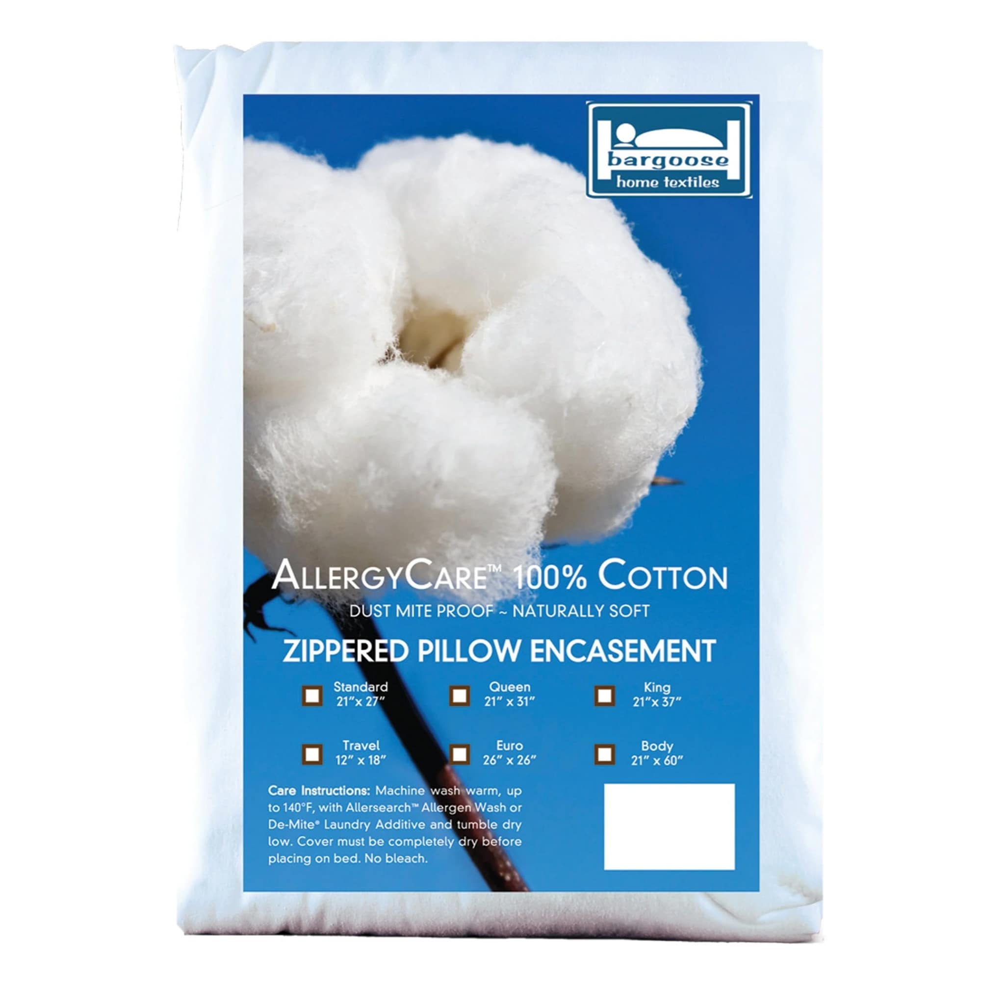 Housse de coussin AllergyCare, 100 % coton, zippée, respirante, barrière anti-allergènes