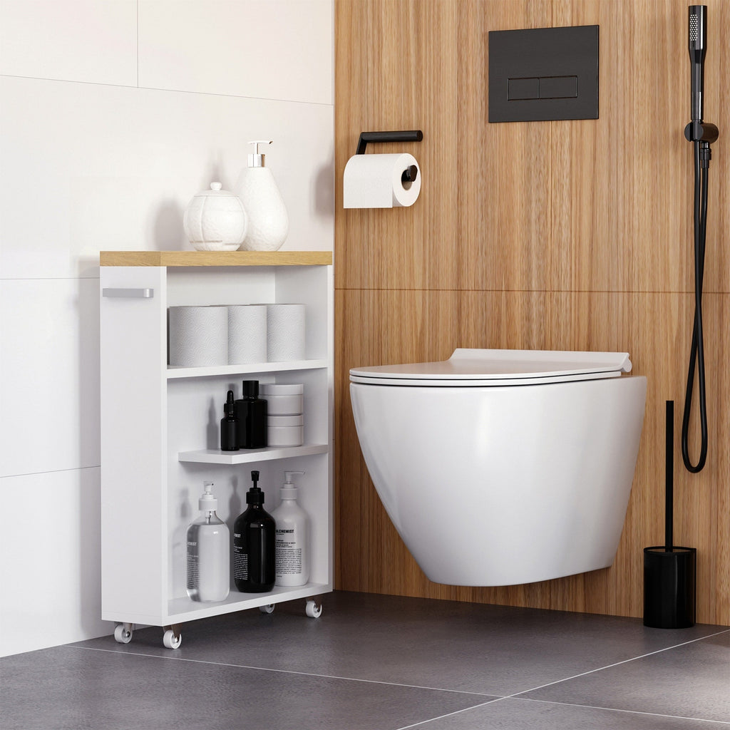 Meuble de salle de bain fin Kleankin avec roulettes, rangement et étagères en bois pour petits espaces, blanc