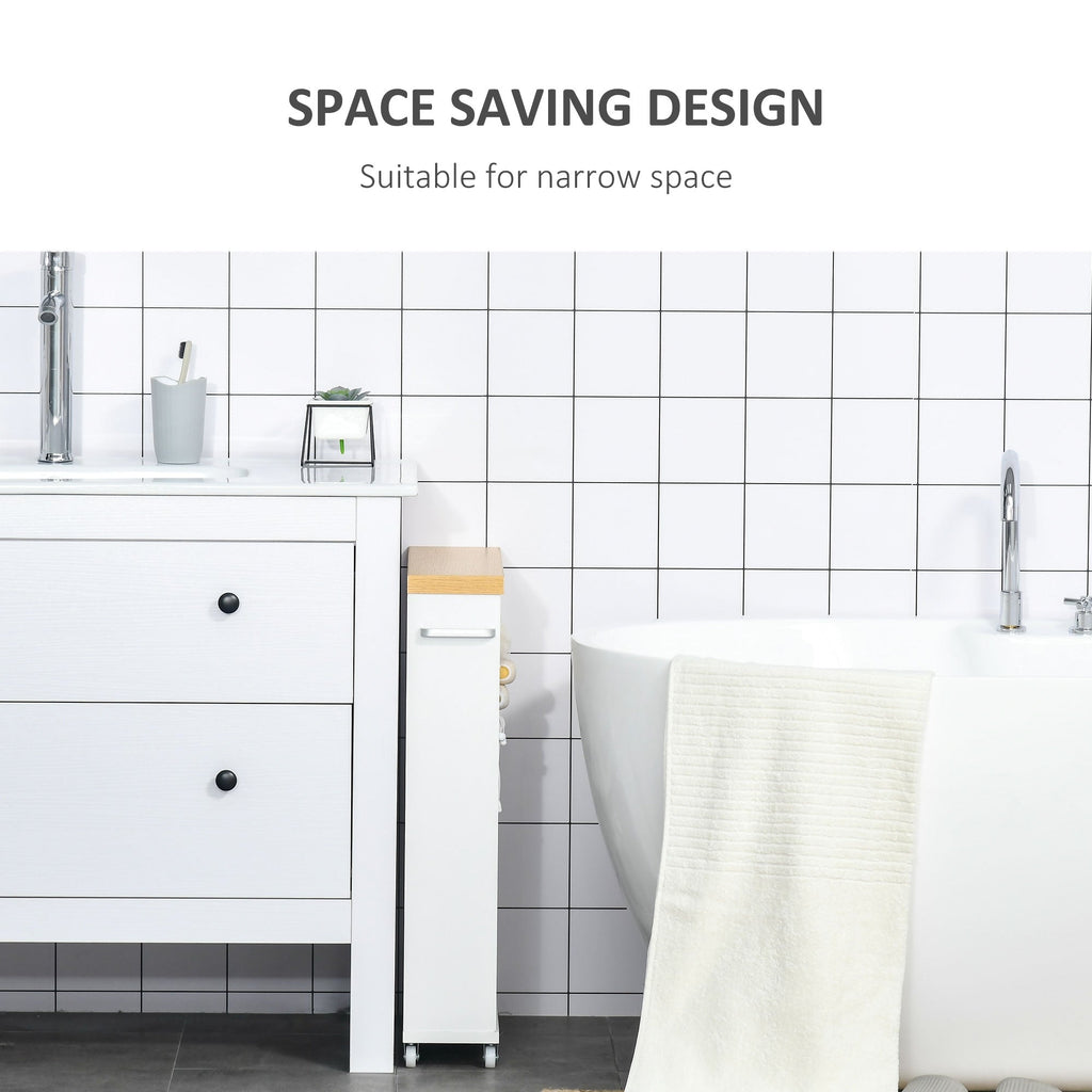 Meuble de salle de bain fin Kleankin avec roulettes, rangement et étagères en bois pour petits espaces, blanc