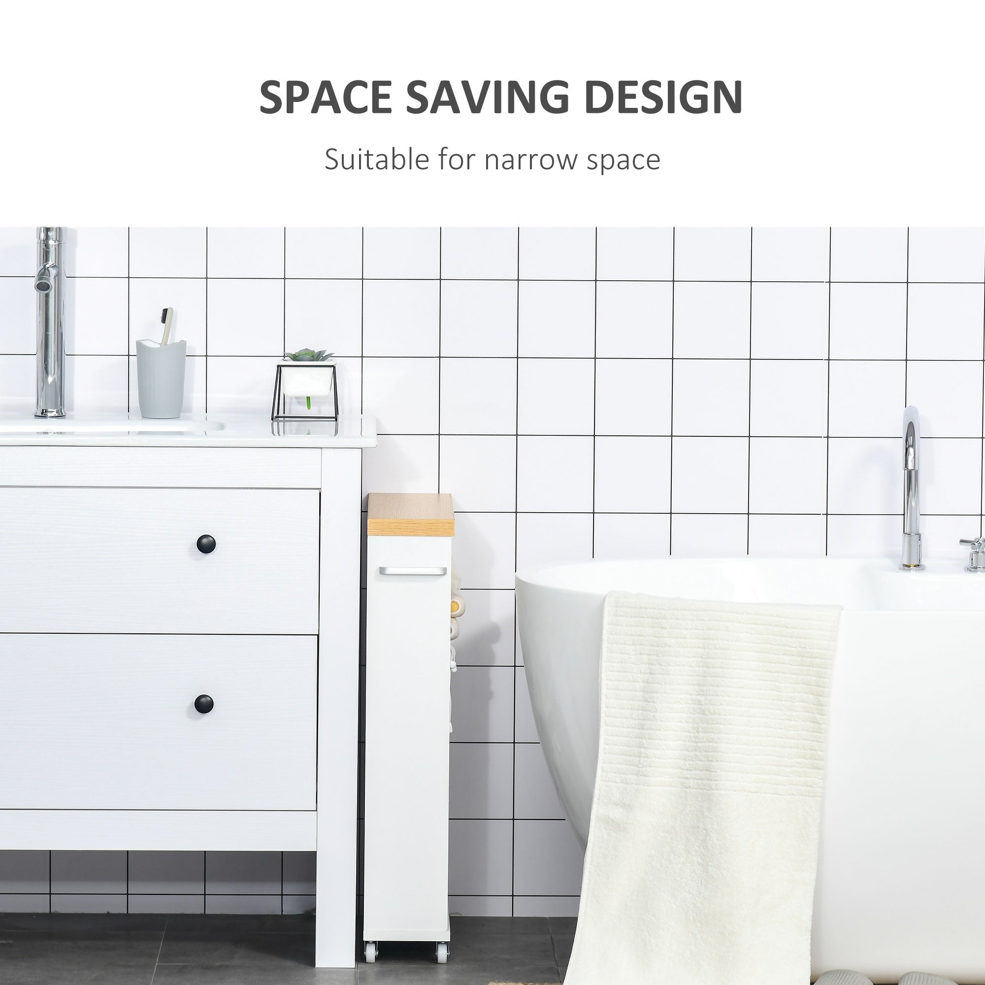 Meuble de salle de bain fin Kleankin avec roulettes, rangement et étagères en bois pour petits espaces, blanc