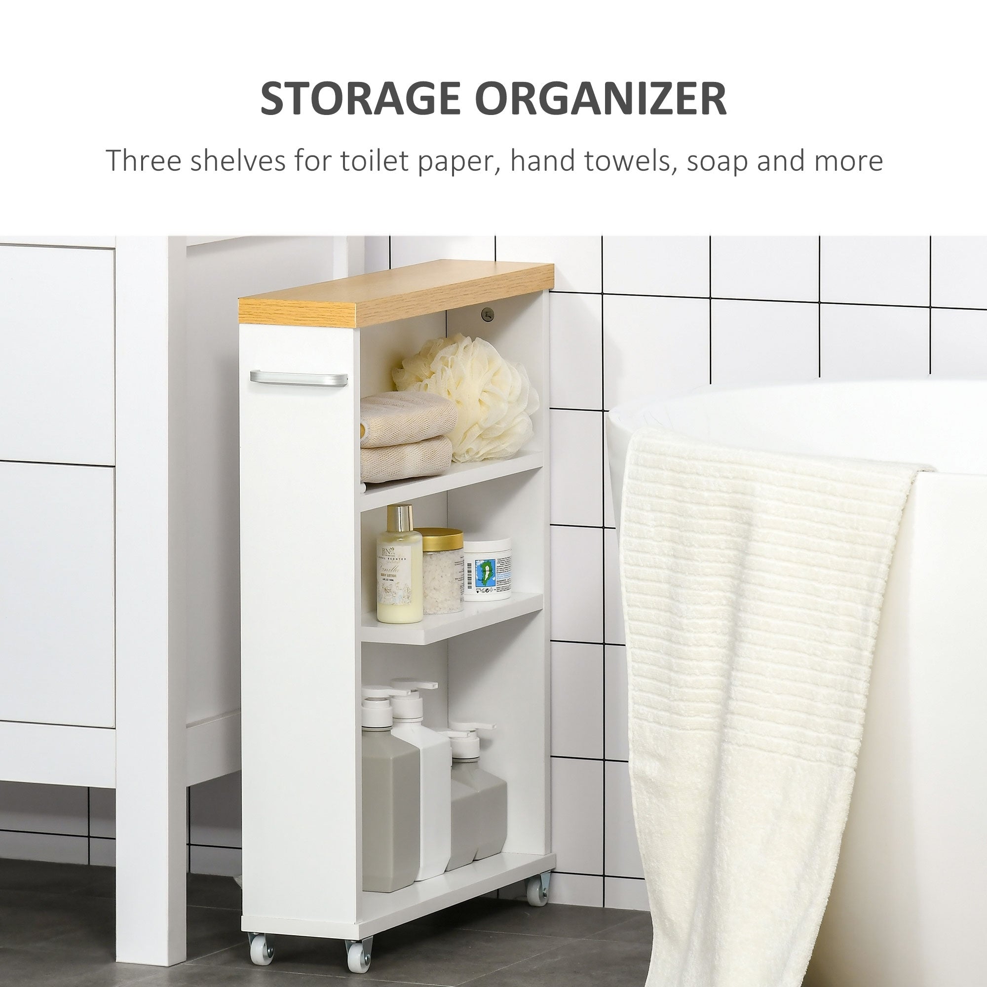 Meuble de salle de bain fin Kleankin avec roulettes, rangement et étagères en bois pour petits espaces, blanc
