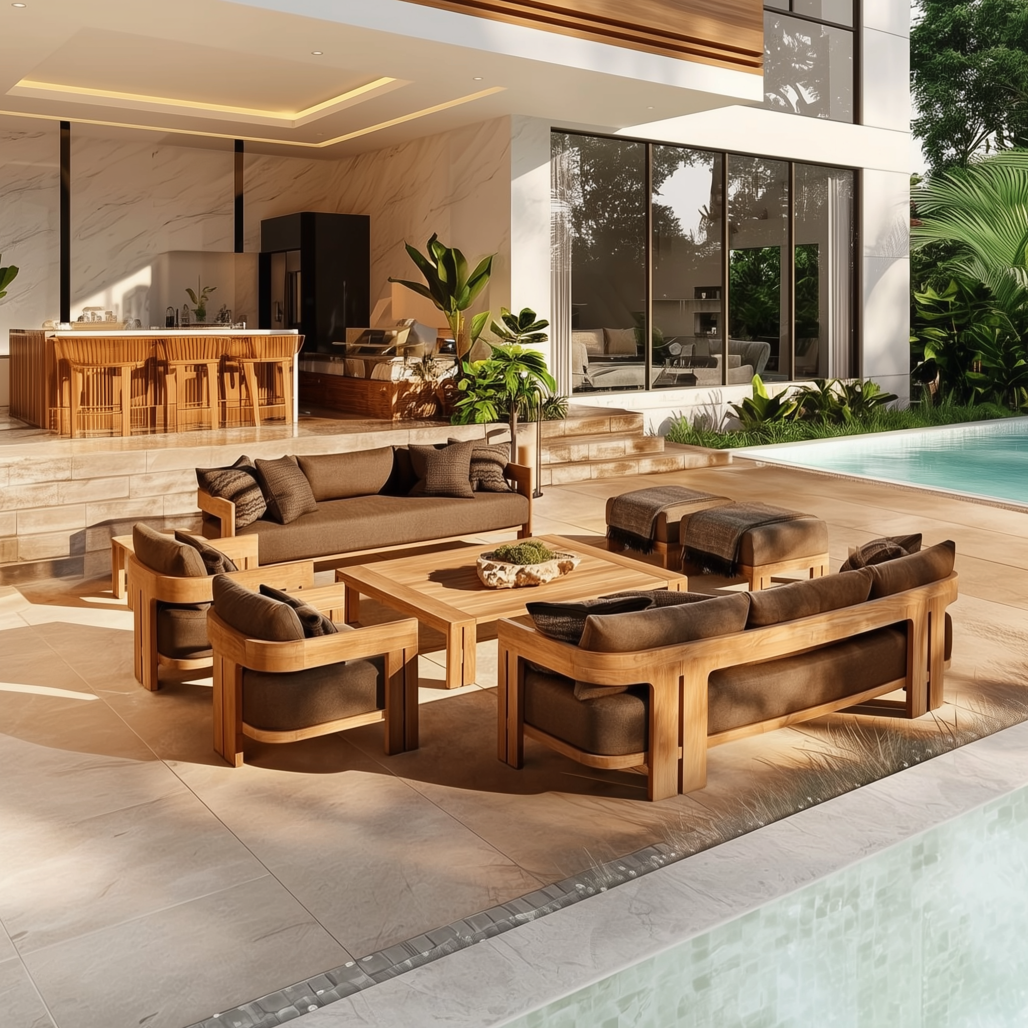 Camryn Outdoor Chat Set With Cushions, Teak/Coffee