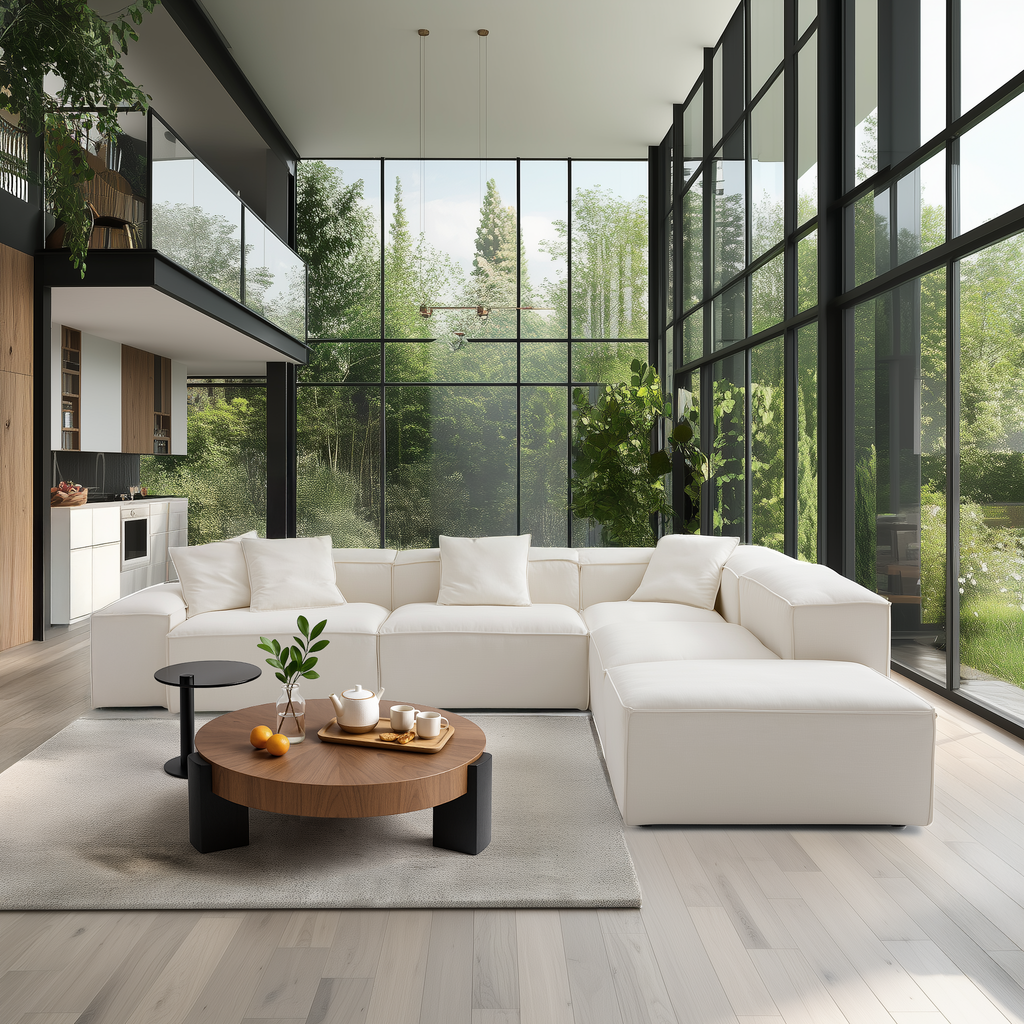 Canapé modulable en L beige Freedom et pouf