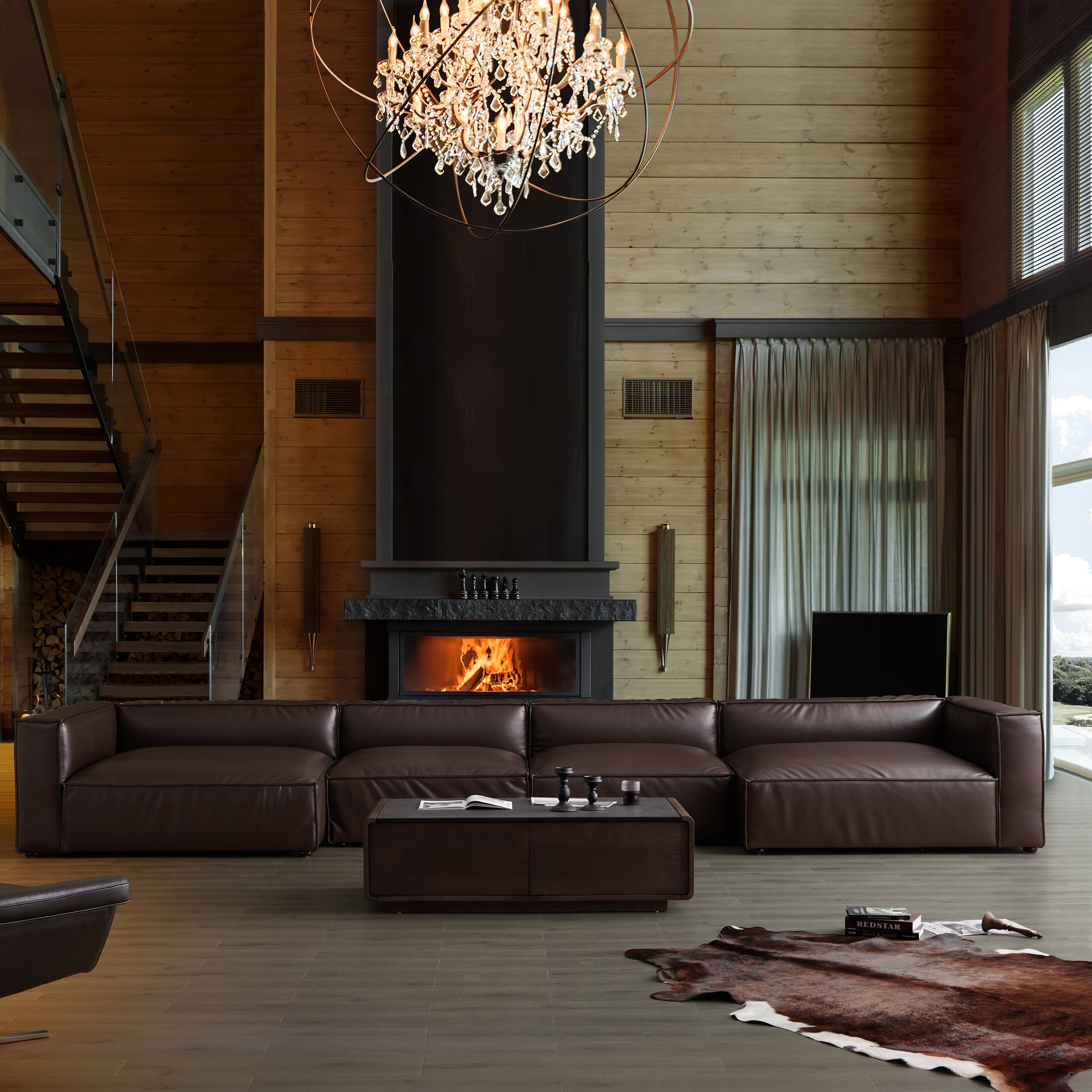 Canapé d'angle en U de luxe minimaliste en cuir marron foncé